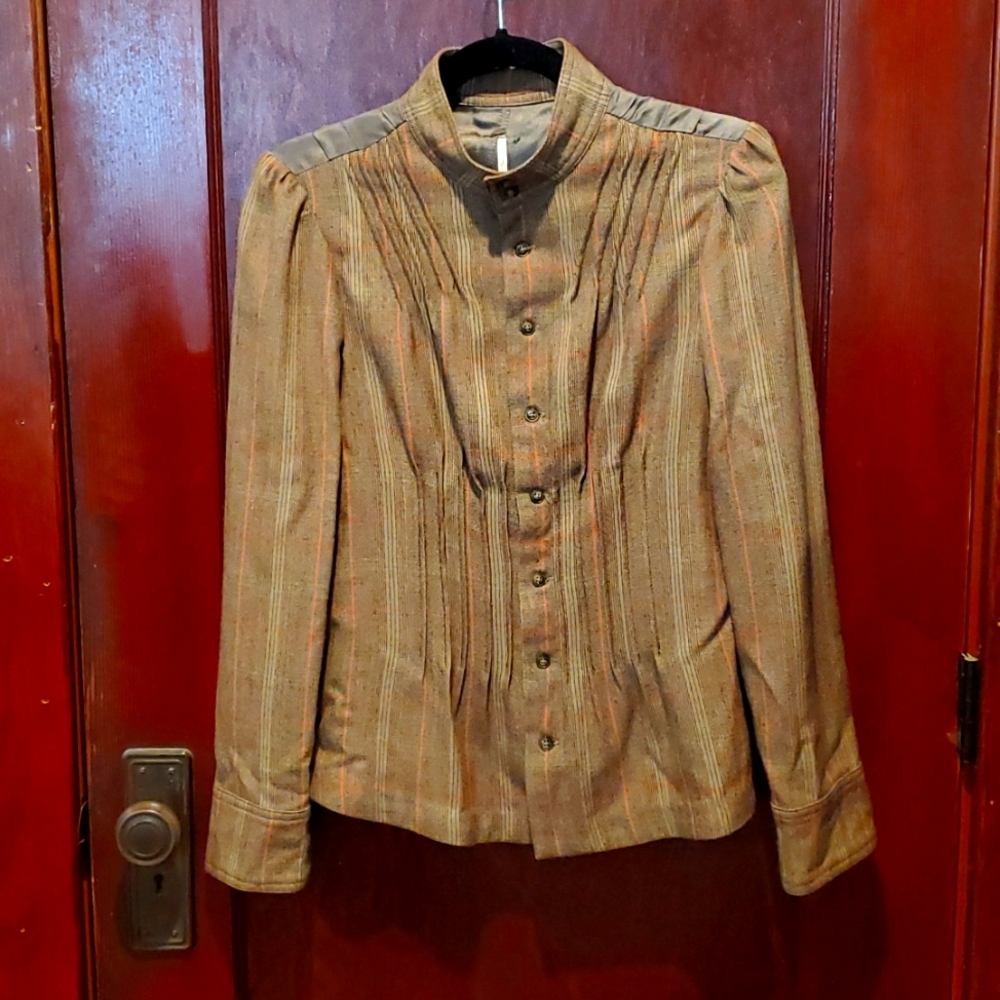 Free People Olive Darted Button Front Long Sleeve Blouse with Ruffled Back